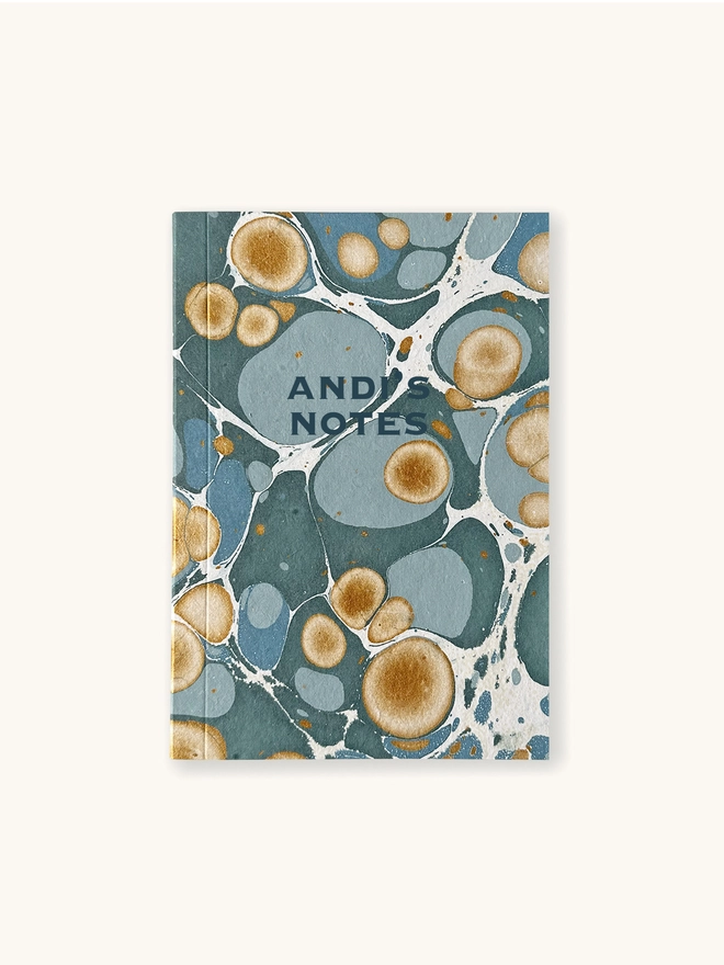 front of sea green marbled notebook