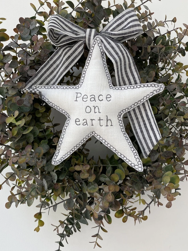 Large Fabric Tree Topper Star on a wreath