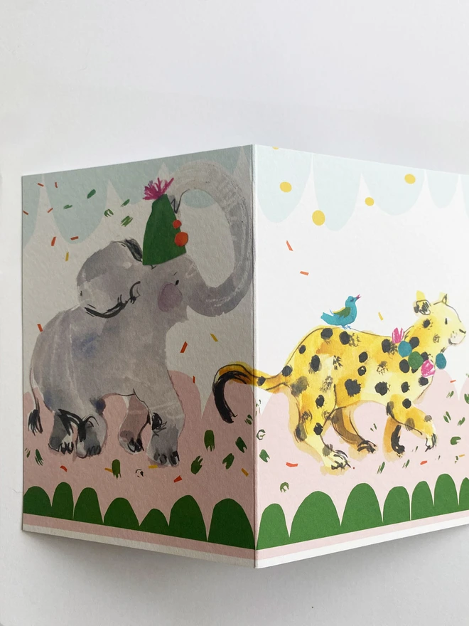 Party Animals illustrated concertina card by Esther Kent 