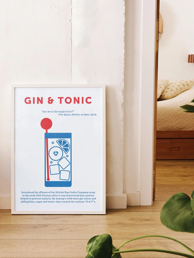 gin and tonic screen print in blue and red