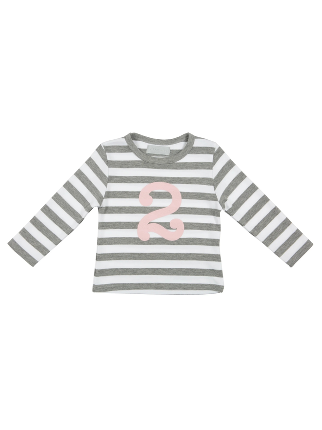 Grey Marl & White Striped Number 2 T Shirt (Mallow Pink)