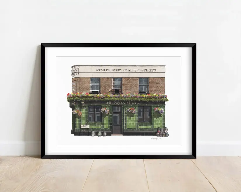 Greenwich The Pelton Arms Pub Giclée Print (Unframed), a print of a brown and green pub sitting against a plain backdrop. 