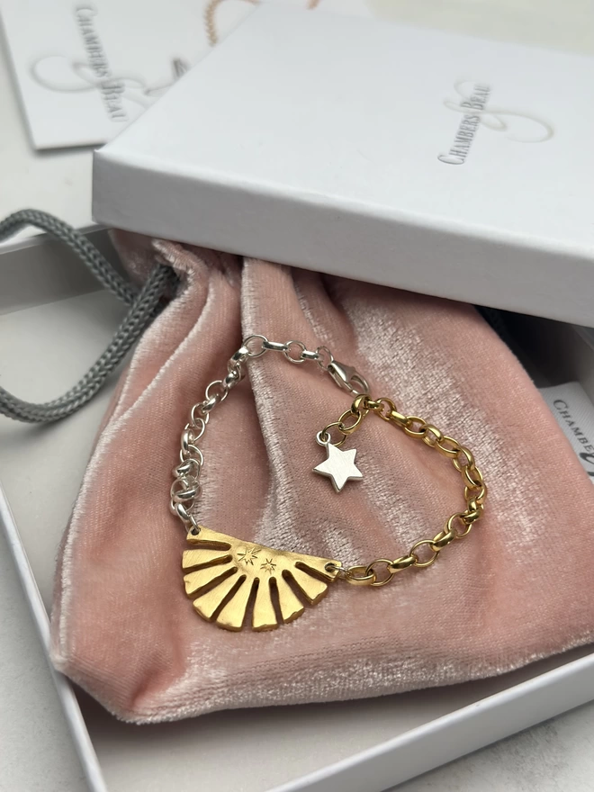 Large gold plate flower charm on silver belcher chain bracelet, with small starling silver flower charm. with gift box and pouch