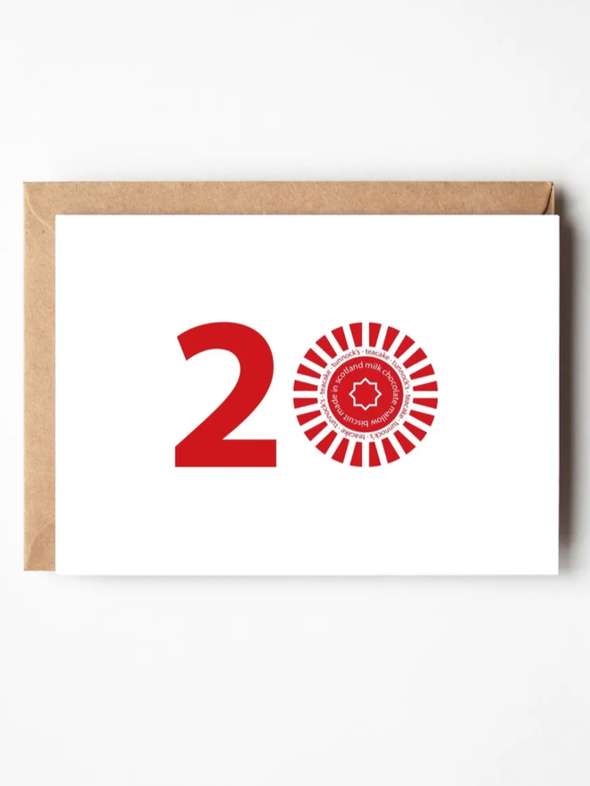 20th Birthday Teacake Card. A card patterned with 20, the 0 of which is a teacake.
