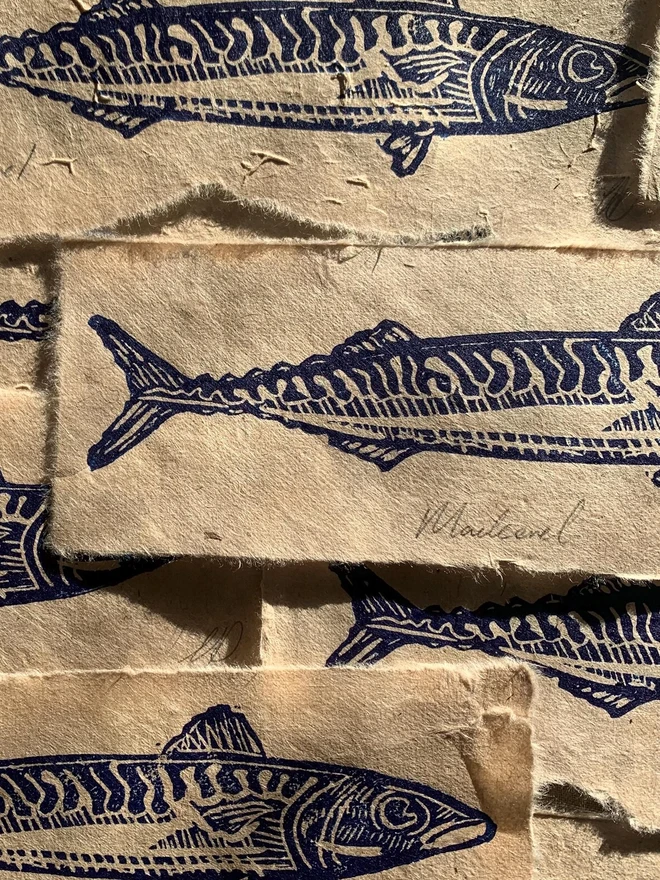 Lino Print Mackerel Fish Handmade Paper