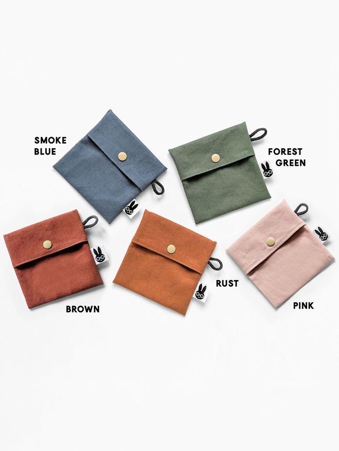 reusable linen snack pouch. a selection of colour examples for pouches.