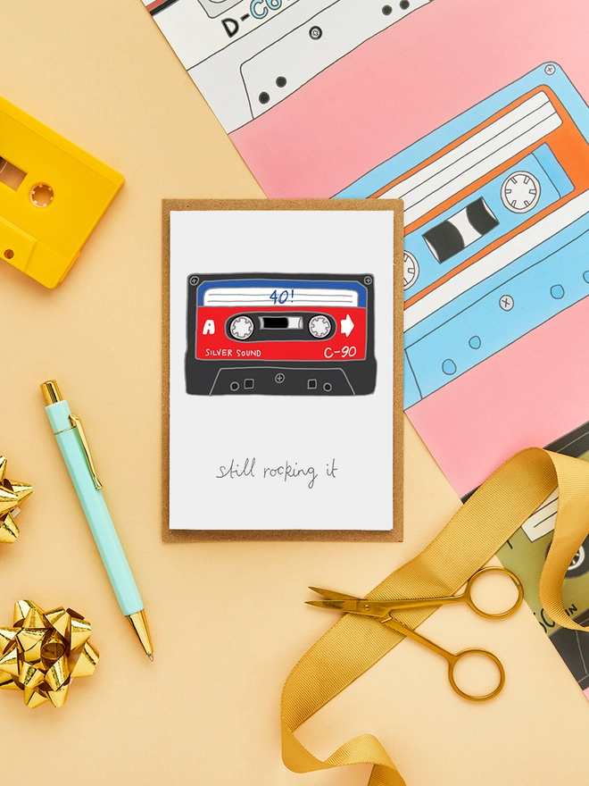 Retro 40th Birthday Card and Matching Cassette Tape Gift Wrap