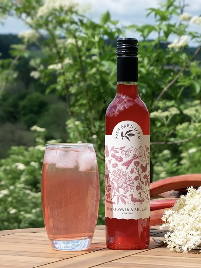 Elderflower & Rhubarb Cordial (Set Of 1, 2, 3 Or 4), a glass or cordial next to a bottle on a wooden surface. 