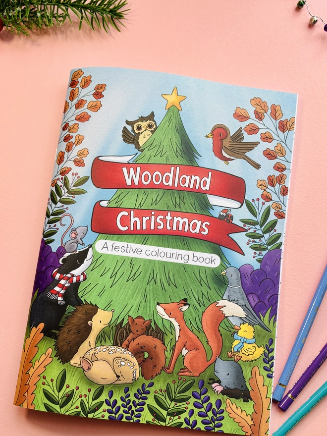 Woodland Christmas colouring book with hand-drawn festive forest animal illustrations.
