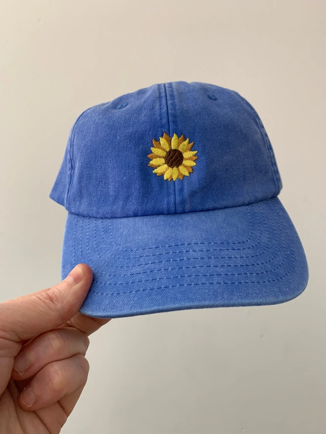 Vintage Canvas Cornflower Cap with Sunflower Design