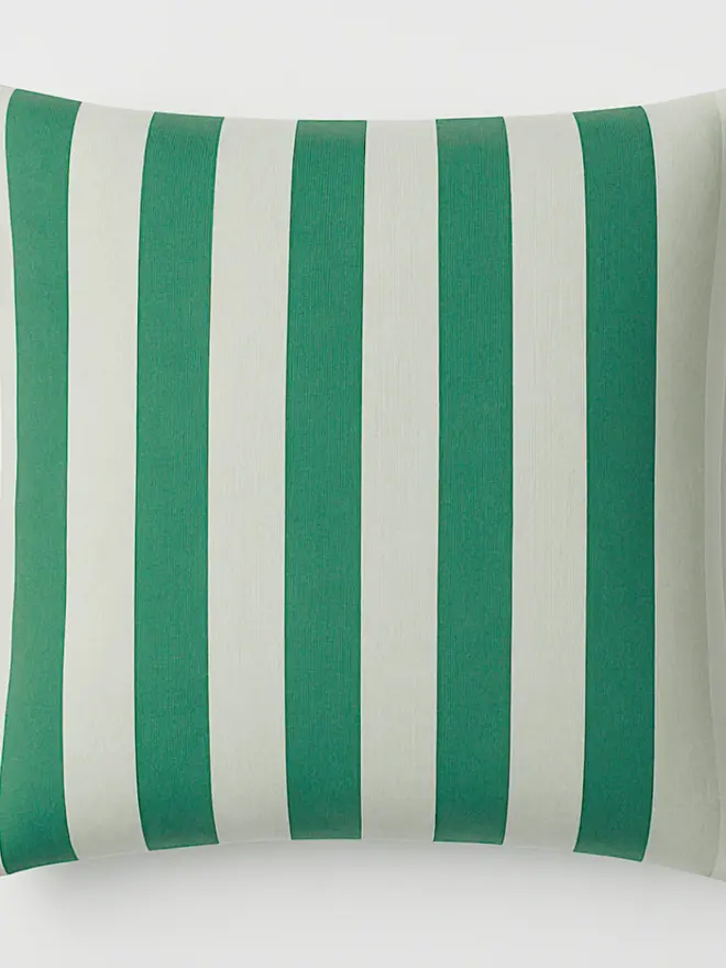 Hand Painted Sustainable Linen Cushion In Stripe Print, a moss green striped cushion against a white background. 