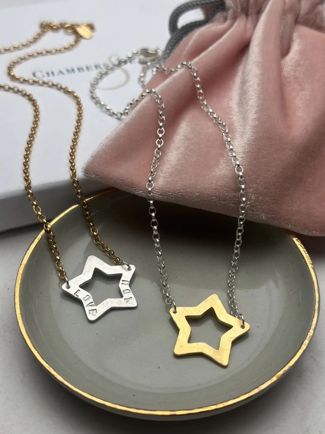 sterling silver chain with gold open star charm and gold mini heart charm, and gold chain with personalised silver open star charm