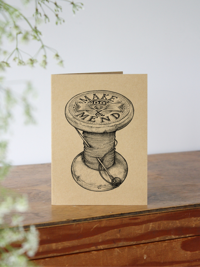 make and mend cotton reel illustrated greetings card