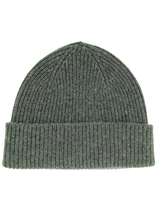 Ribbed Lambswool Women's Beanie, a colourful beanie sitting on a white plain surface. 