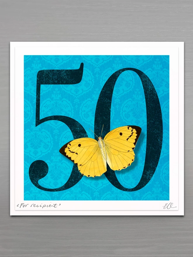 50th birthday butterflygram card with hand cut paper butterfly, personalised and signed