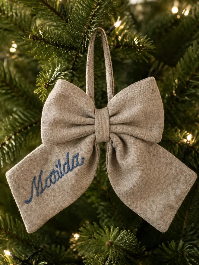 Personalised Embroidered Linen Bow Tree Decoration Dusty Blue