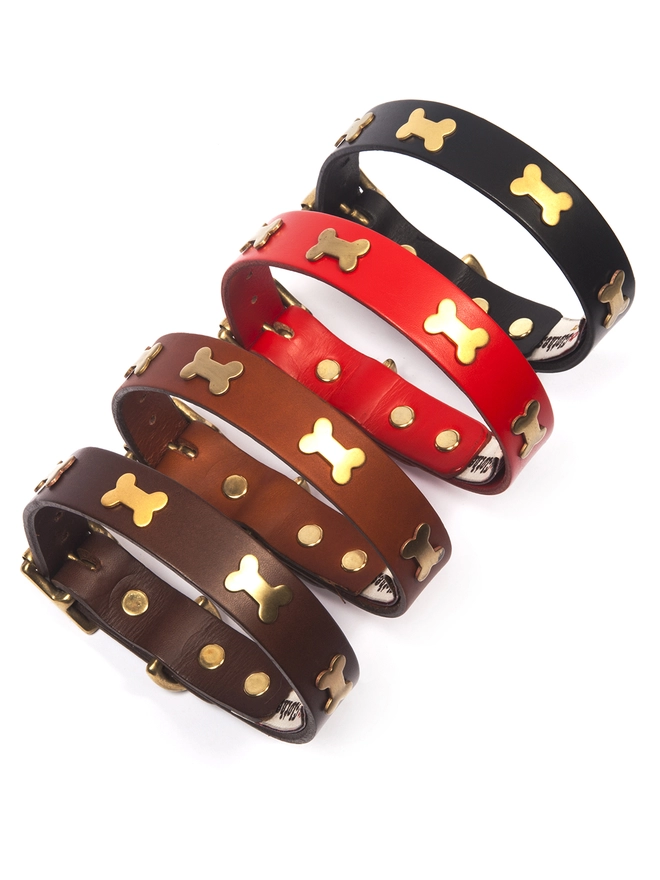 Creature Clothes Hand Made Leather Dog collars With Brass Bones