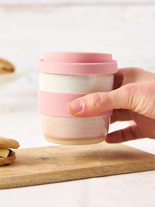 pink short ceramic travel mug