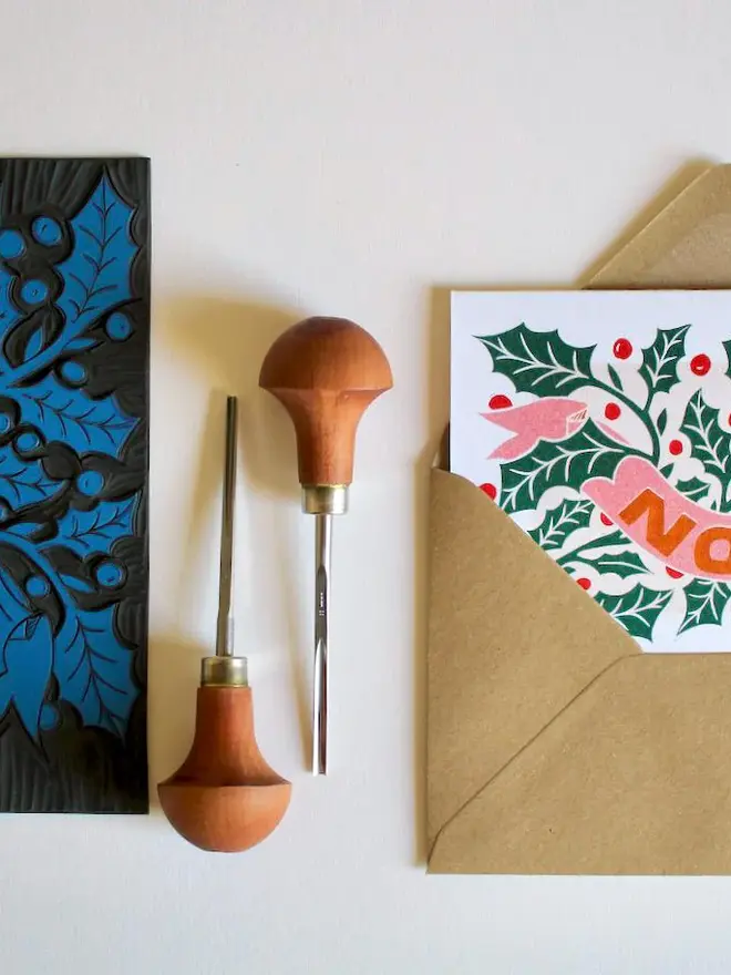 noel holly leaves christmas card