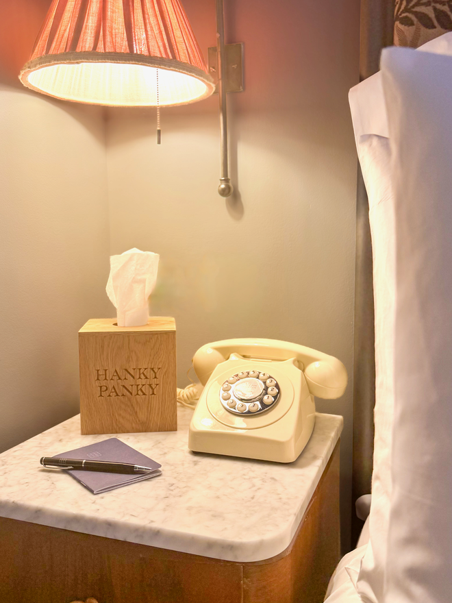 Hanky Panky Tissue box on bedside table