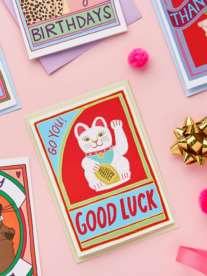 Good Luck Card Featuting a Chinese Lucky Cat