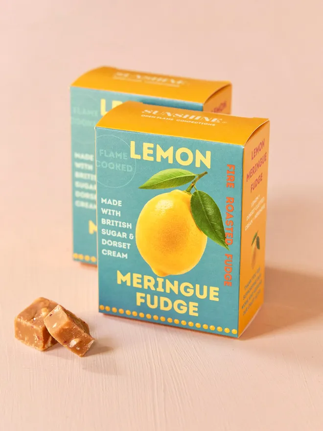 two boxes of fudge with a lemon image