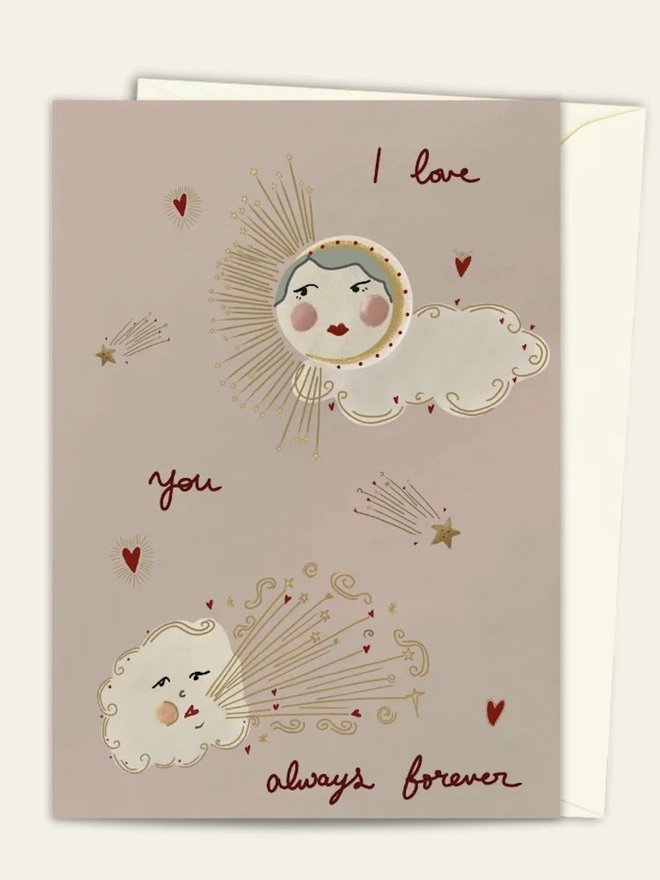 'I Love You Always Forever' Card, a colourful card sitting on a plain white surface on top of its envelope. 