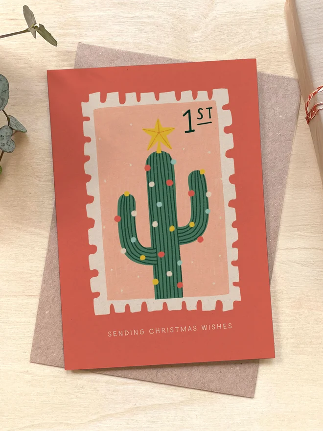 Cactus Stamp Christmas Recycled Coffee Cup Card
