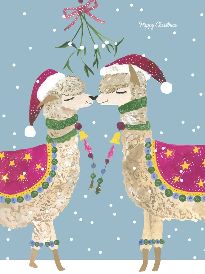 'Happy Christmas', Llamas Kissing Under The Mistletoe Card