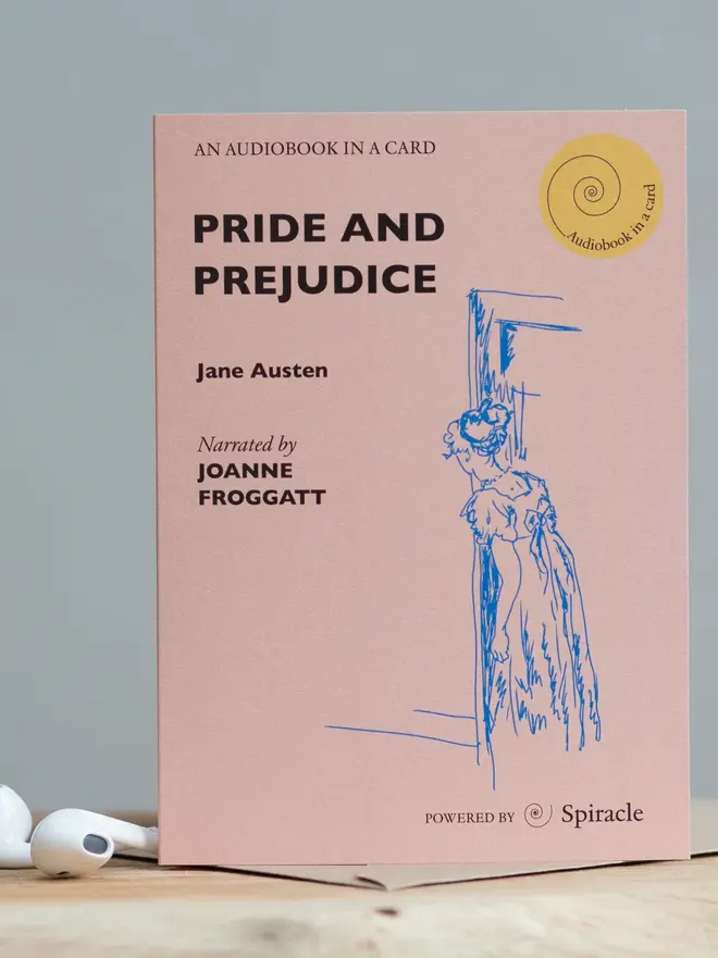 Pride And Prejudice Choose Your Own Audiobook In A Card, on a grey background. 