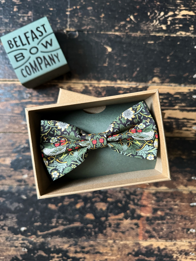 Strawberry Thief Bow Tie in Dark Green handmade by the Belfast Bow Company