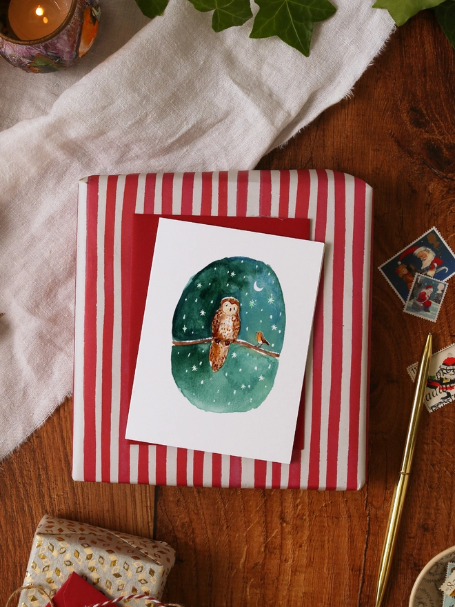 Owl and Robin Mini Christmas Card