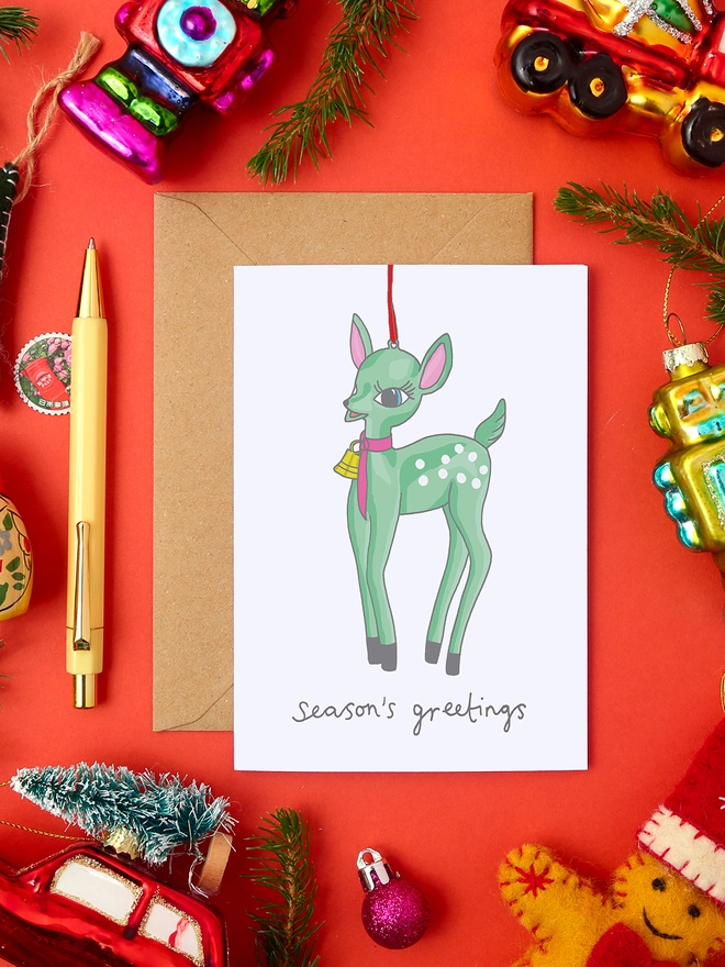 Retro Christmas Card Featuring a Vintage Fawn Tree Decoration