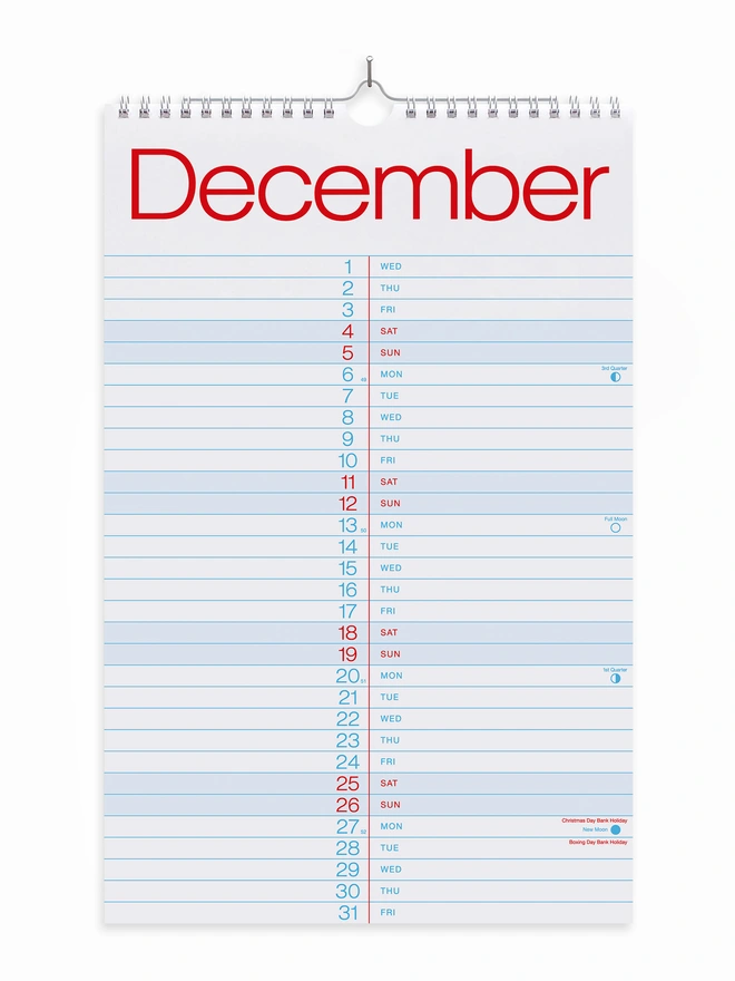 Wiro bound 2027 wall hanging calendar with blue and red graphics, in a simple graphic clear style, showing the month December