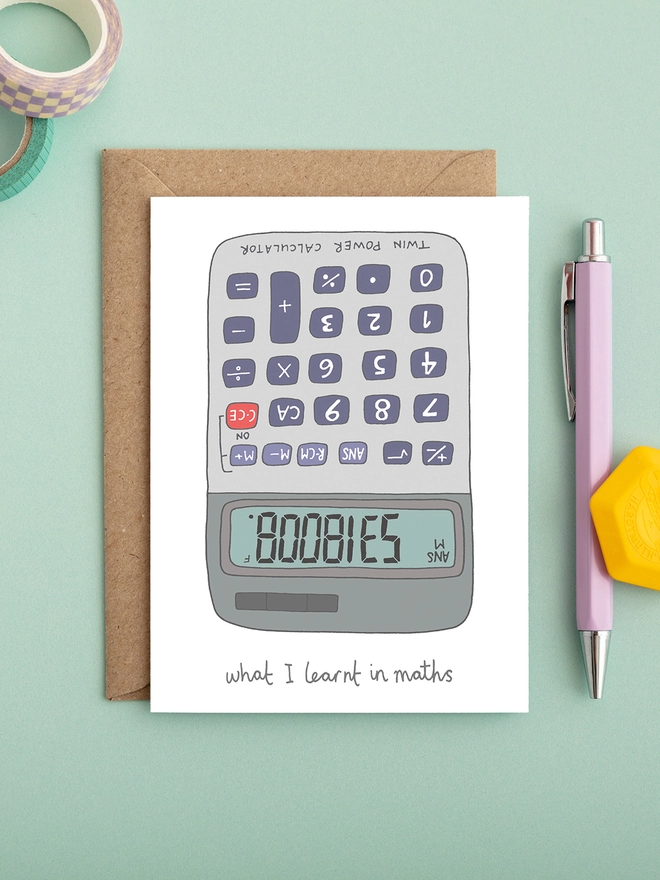 Humorous and funny card featuring a calculator spelling the word boobies