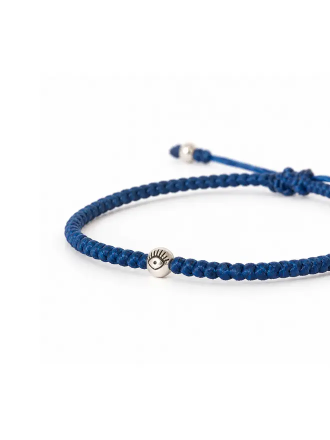 blue cord bracelet silver evil eye bead close-up women’s handmade UK