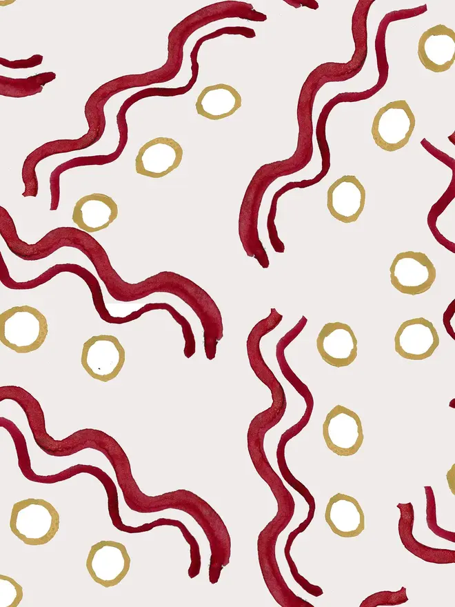hoop and wiggle illustrated wall paper. a white background wallpaper patterned with red circles and squiggly lines.