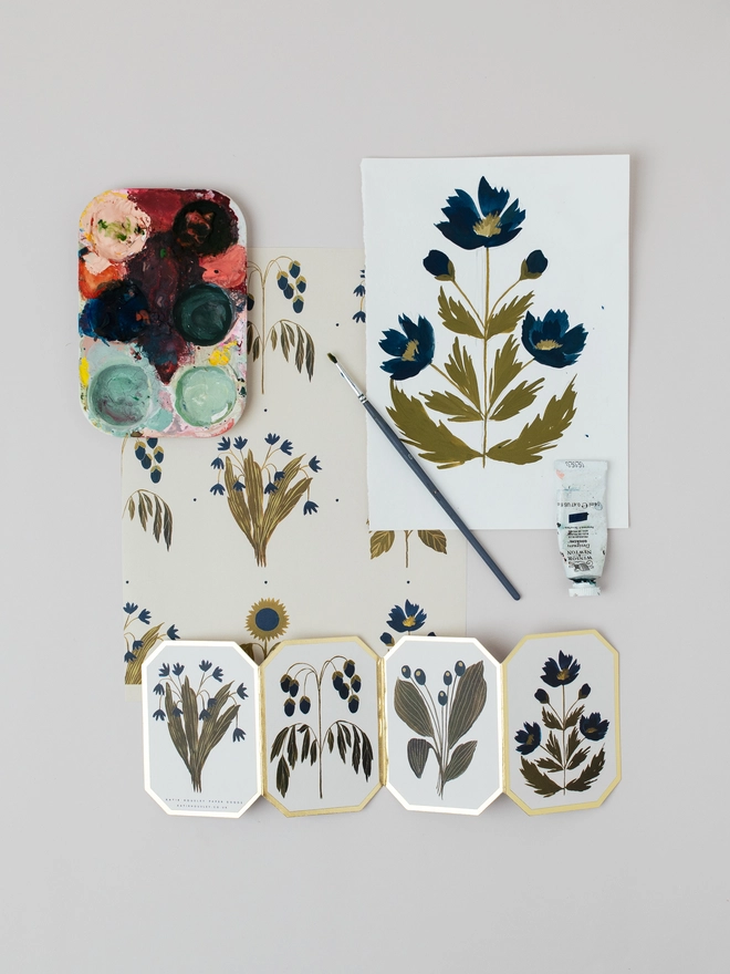 Four Floral Blue Botanical Luxury Gift Wrap (2 Sheets)
