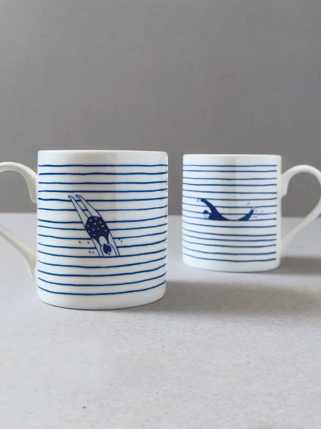 white blue stripe swimmer mug