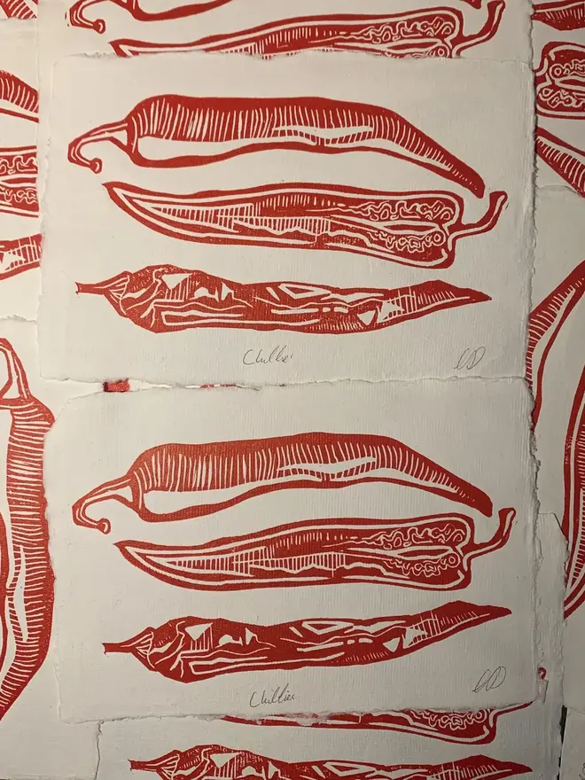 Lino Print Chillies On Handmade Paper