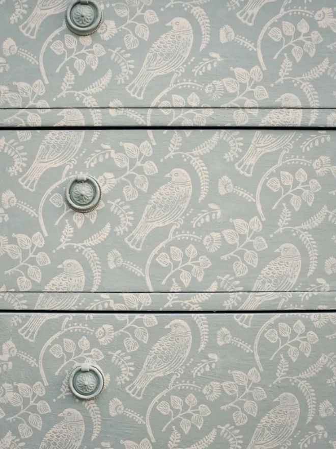 Tuvi Patterned Paint Roller, a cabinet with a light green and white floral pattern painted on it. 