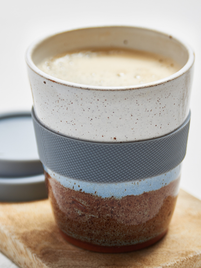 Brown and White Ceramic Travel Mug