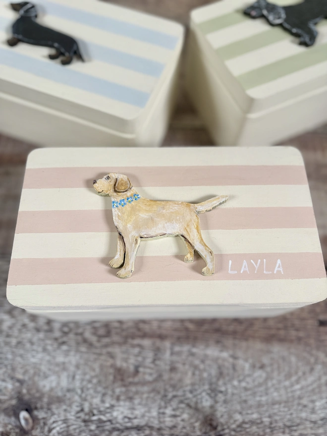 Pink and White Striped Box with a hand-painted pale yellow labrador with a blue and yellow forget me not flower collar
