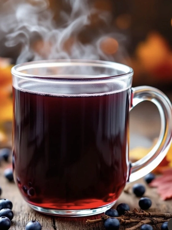 Elderberry & Lemon Cordial (Set Of 1, 2, 3 Or 4), a glass of cordial sitting on a wooden surface outside next to some berries. 