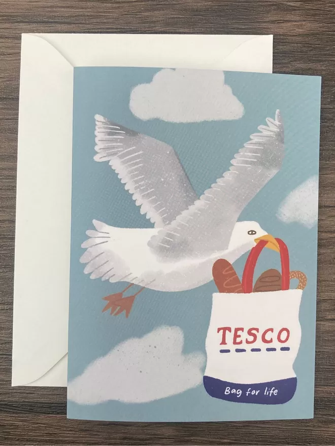 Strong seagull with a tesco bag