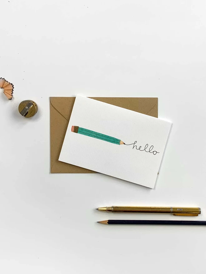 Hello From my Pencil Card. Thinking of you card with C6 Kraft envelope.
