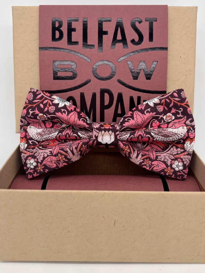 Burgundy Strawberry Thief Bow Tie handmade by the Belfast Bow Company