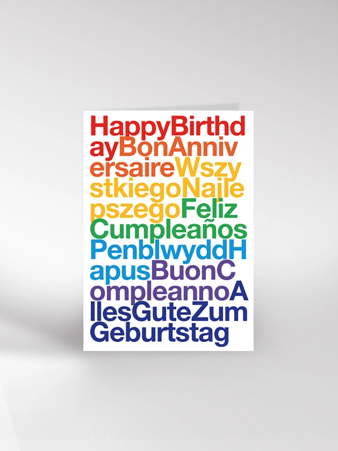 Typographic happy birthday card in different languages
