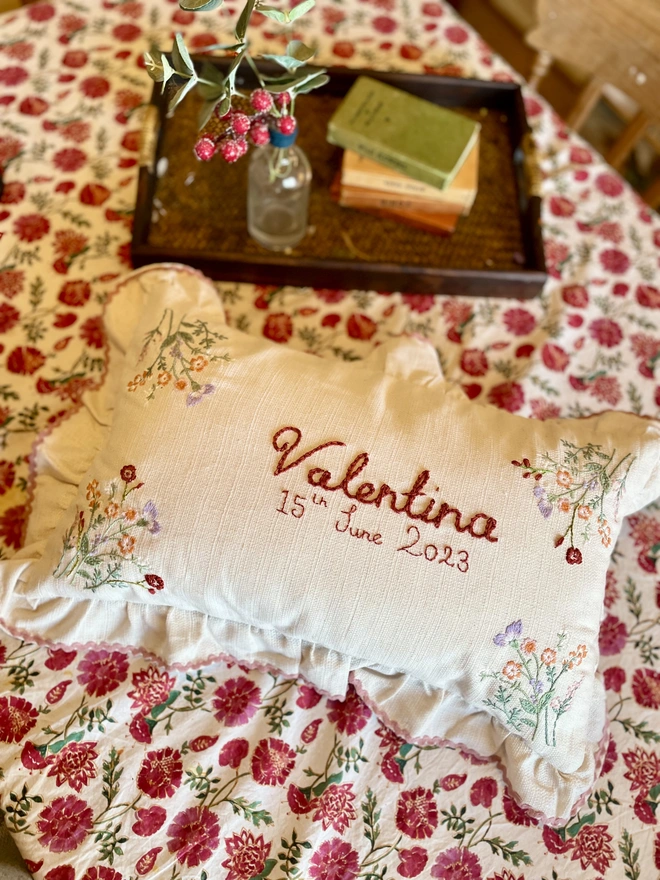 Valentines Day Gift - hand embroidered customised bespoke cushion. Embroidered roses, floral linen cushion with ruffle trim 