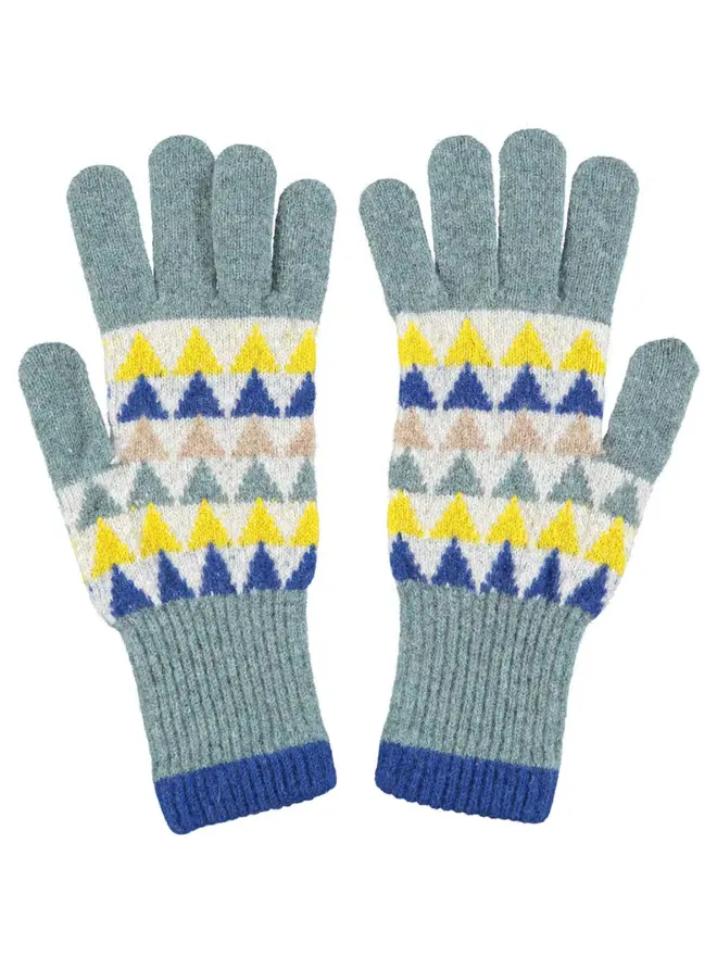 Women's Lambswool Gloves, a pair of colourful gloves sitting on a plain white surface. 